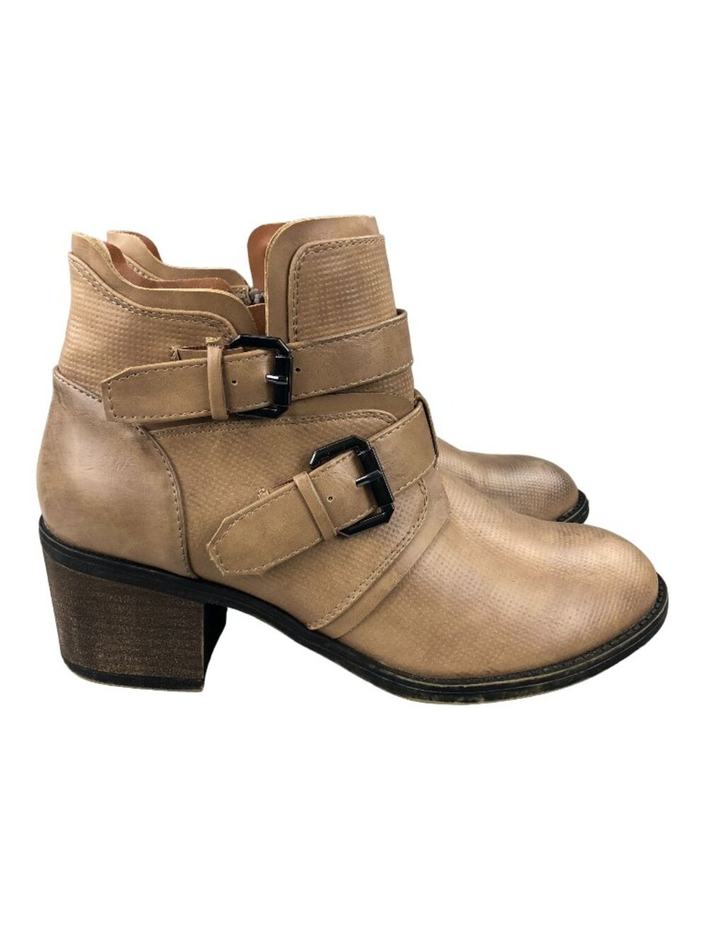 Vintage 93 Women's Size 7.5M Bryanna Tan Buckle Heeled Side Zip Ankle Boots